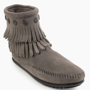 Minnetonka 691T Double Fringe Zip-up Gray Ankle Boots 8